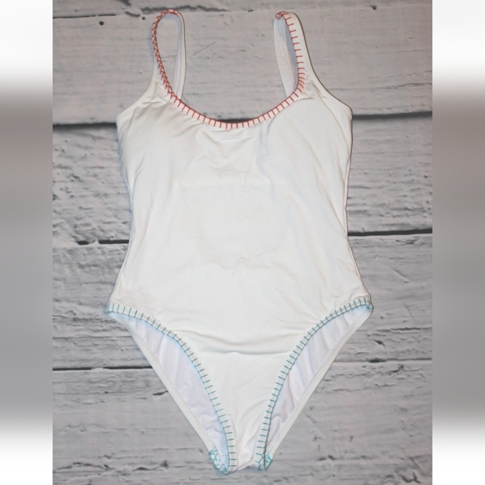 Lucky Brand Embroidered Contrast Stitch Low Back One-Piece Swimsuit White S $128